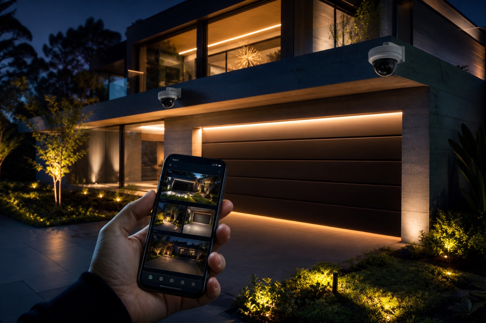 Modern villa at night with security cameras, courtyard lighting and a smart-home app